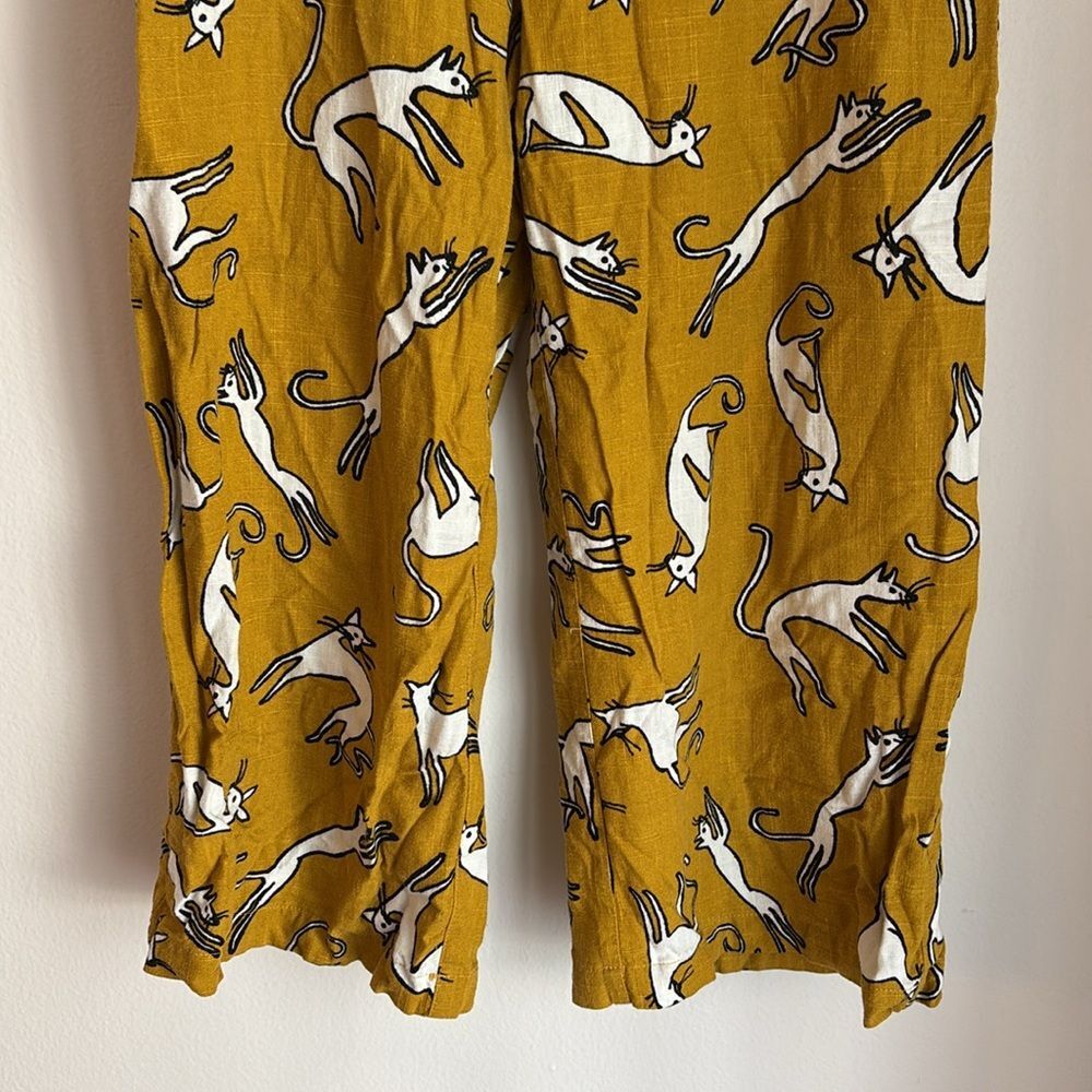 ModCloth Women’s cropped Mustard Cat novelty Print linen blend Pants size 2 EUC! - Picture 6 of 15